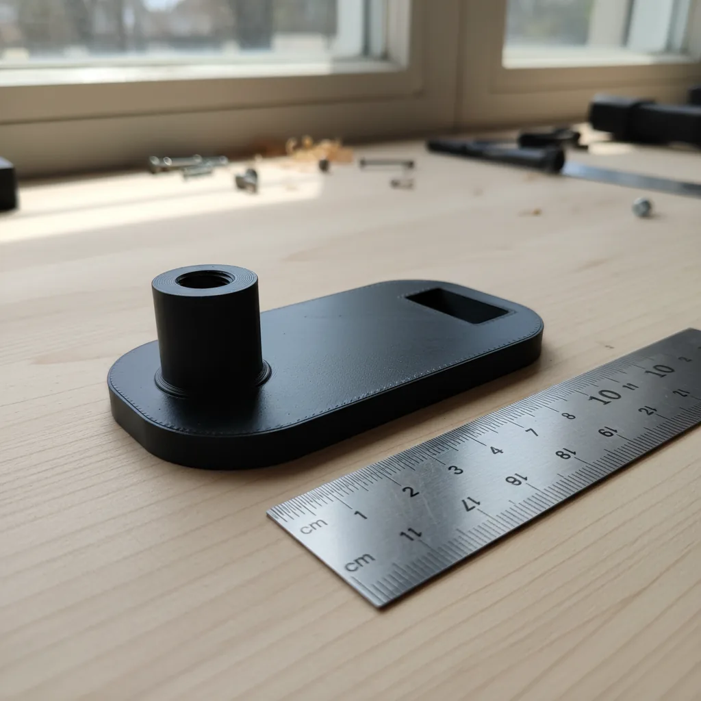 Photograph of the matte black 3D-printed PA12 prototype bracket on a workshop bench with a steel ruler for scale