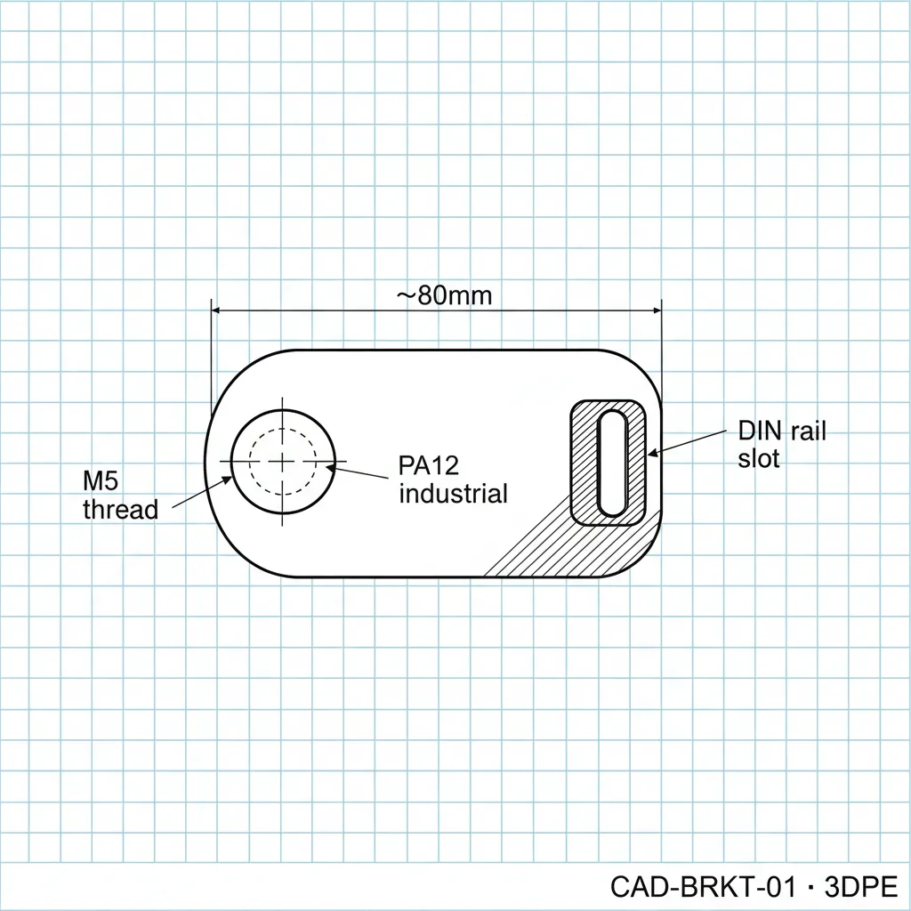 Formal 2D engineering blueprint of the industrial bracket showing the 80mm dimension, M5 threaded mounting boss, DIN-rail slot, title block CAD-BRKT-01