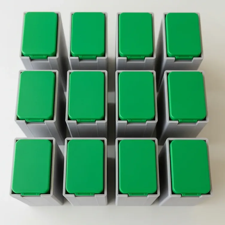 Durable case study · batch of identical 3D-printed grey storage bins with bright-green snap-on lids