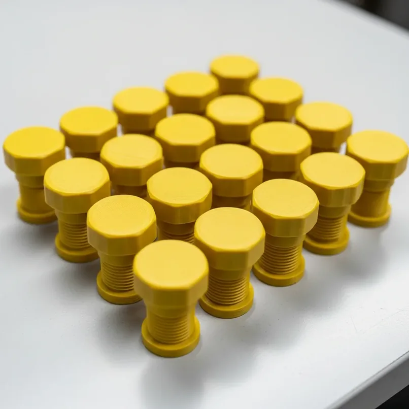 Whale Tankers case study · batch of identical 3D-printed bright-yellow threaded filler caps lined up in rows