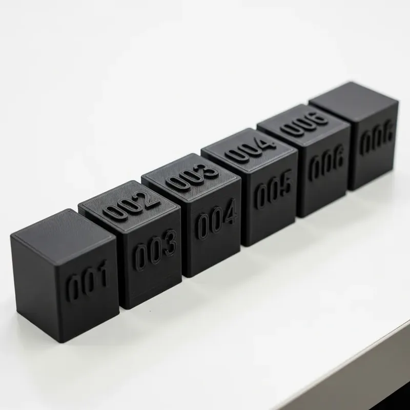 3D-printed resin blocks with stamped serial codes · per-unit customisation
